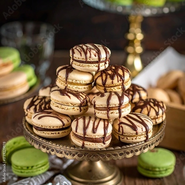 Obraz Stacked macarons with chocolate drizzle