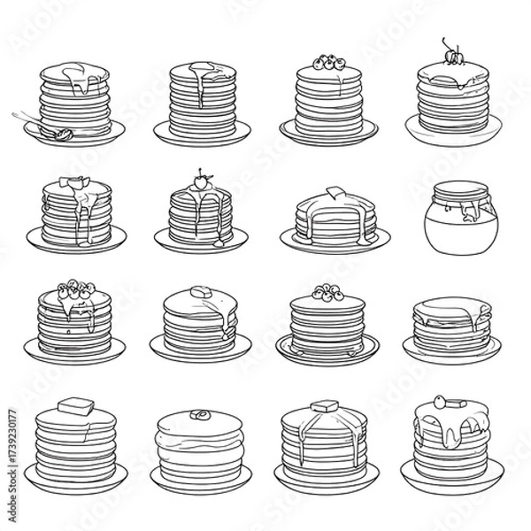 Obraz Stacked pancake illustrations, various toppings, syrup, butter, berries, and plate details