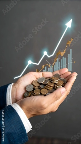 Obraz Hand Holding Coins with Digital Financial Growth Chart