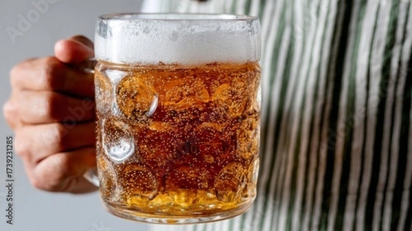 Fototapeta A frothy brew foams in a glass as a hand clasps Oktoberfest dreams, evoking beer lovers' playful camaraderie