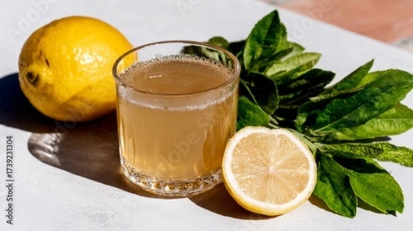 Fototapeta Sunny lemon elixir, zesty wellness tonic, celebrating the Festival of Citrus, invoking Mediterranean zestful traditions, refreshing renewal