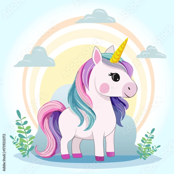 Fototapeta Banner with a rainbow animal in the clouds.Vector illustration with a beautiful unicorn against the background of sun and clouds.