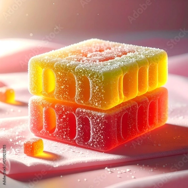 Obraz Stacked, square-shaped, colorful jellies on soft pink fabric