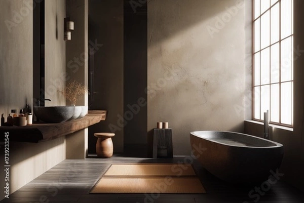 Fototapeta A serenely illuminated minimalist bathroom featuring earthy colors and Japanese-inspired design elements