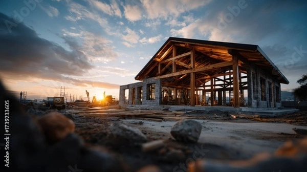 Obraz New Home Construction Perspective with Sunset Glow and Wood Framework