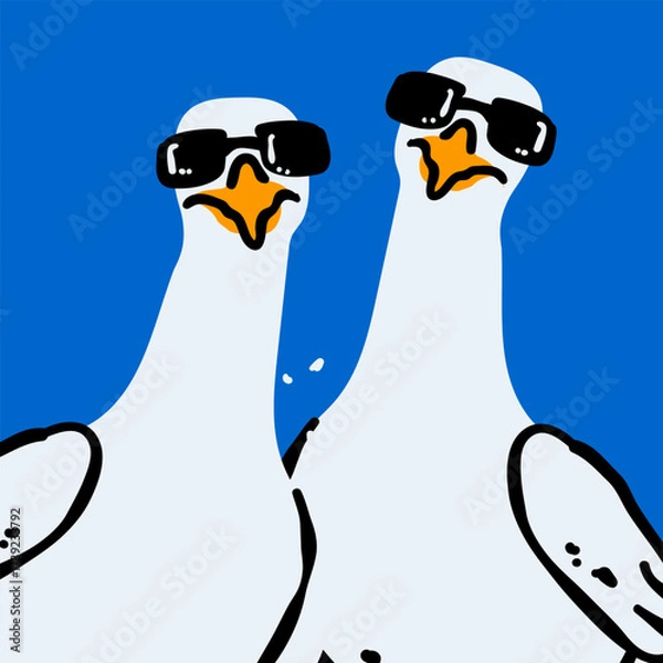 Fototapeta A trendy illustration of two cool seagulls wearing sunglasses. This modern art captures a fun, quirky moment, perfect for summer, vacation, or humorous projects