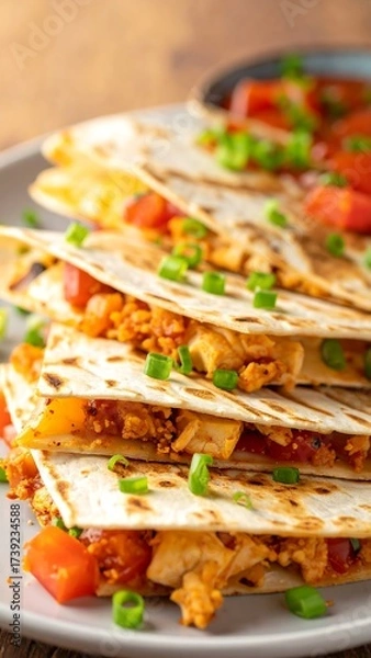 Obraz Stacked tortilla-filled wedges on a plate, garnished with greens