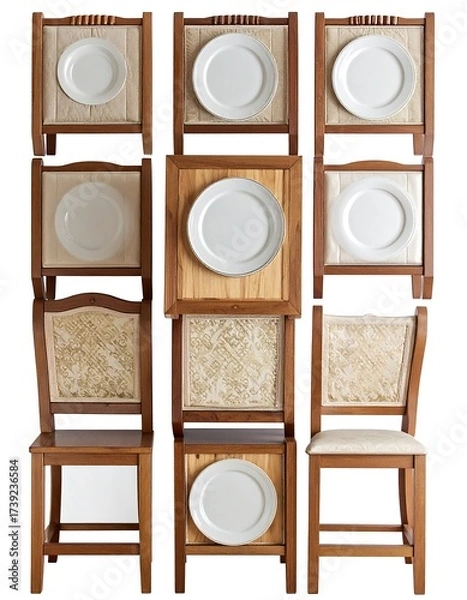 Obraz Stacked wooden chairs with plates