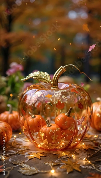 Fototapeta A glass pumpkin filled with tiny gourds and autumn leaves glows warmly amid a cozy fall-themed setting.