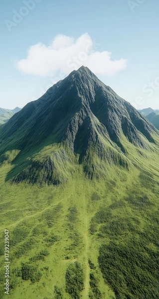 Fototapeta Mountain peak, bright green slopes under a sunny blue sky