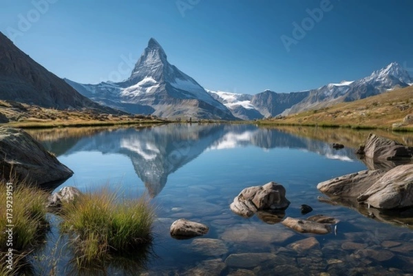 Fototapeta Scenic View of Stellisee with the Majestic Matterhorn in the Swiss Background Panorama