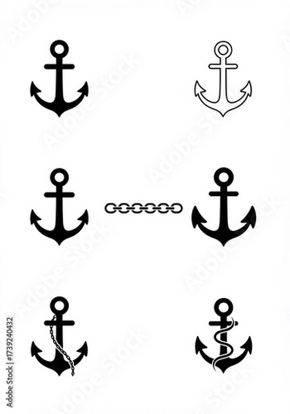 Fototapeta Array of anchor illustrations with chain elements on white layout