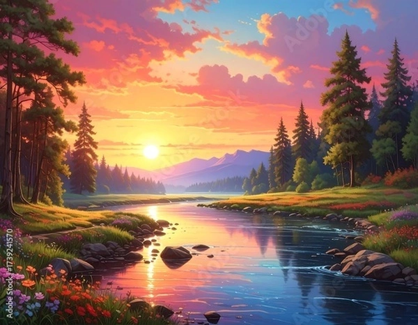Obraz Stunning Sunset Landscape with River and Trees Painting: Peaceful Nature Scene