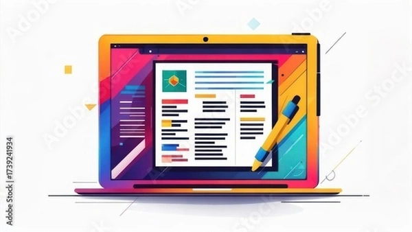 Fototapeta A brightly colored laptop displays a document with a pen overlay, hinting at writing or editing
