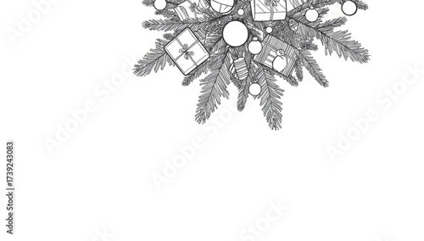 Fototapeta christmas tree sketch. Coloring page of a decorated Christmas tree with gifts. black and white illustration on white background. coloring book	