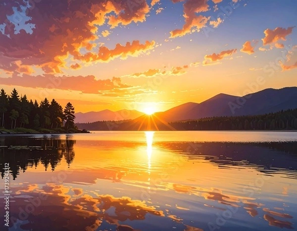 Fototapeta Stunning Sunset over a Lake Reflecting the Sky and Surrounding Mountains
