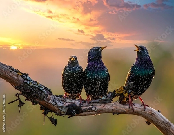 Obraz Starlings on branch at sunset
