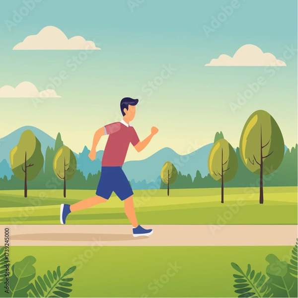 Fototapeta Man running outdoors in nature — flat vector illustration