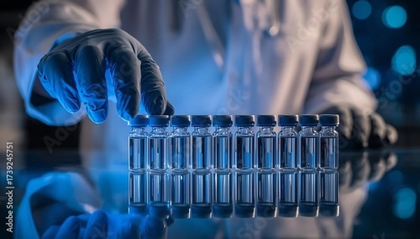 Fototapeta Scientist working in a lab with blue chemical liquid in a glass tube during a medical research experiment
