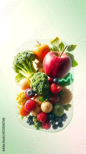 Fototapeta Fresh Health Tech Banner with Floating Fruits and Vegetables in Futuristic Hologram.