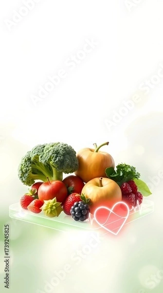 Fototapeta Fresh Health Tech Banner with Floating Fruits and Vegetables in Futuristic Hologram.