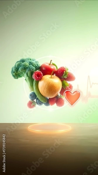 Fototapeta Fresh Health Tech Banner with Floating Fruits and Vegetables in Futuristic Hologram.