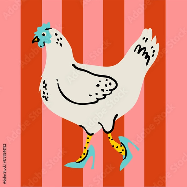 Fototapeta A funny and stylish vector illustration of a fabulous, fashion-forward chicken. This quirky hand-drawn art features a hen walking confidently in high heels, perfect for trendy, humorous projects