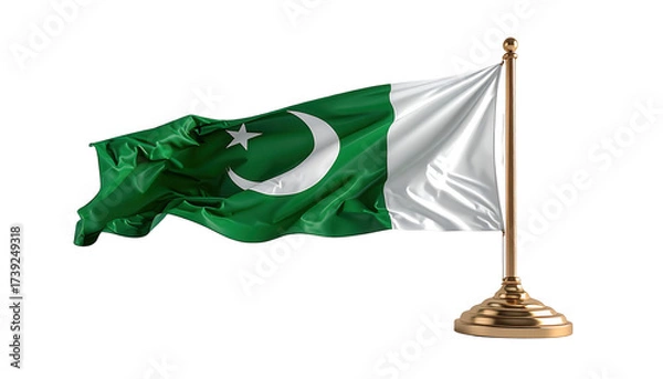 Fototapeta A beautifully rendered  shot showcases a small, decorative green and white flag, displaying a crescent moon and star emblem, presented on a golden stand against a stark black background.