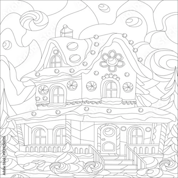 Fototapeta A coloring page themed around New Year and Christmas, an outline illustration of a gingerbread house and candy for New Year and Christmas, a relaxing holiday coloring page for children and adults