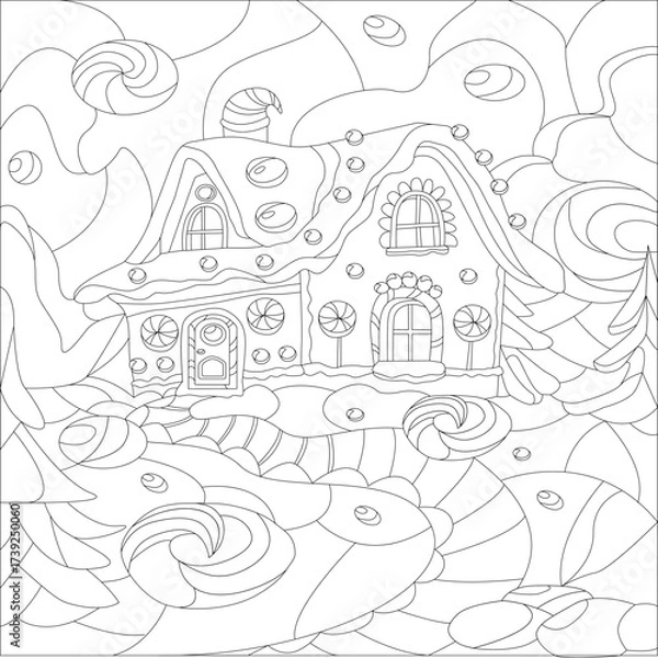 Fototapeta A coloring page themed around New Year and Christmas, an outline illustration of a gingerbread house and candy for New Year and Christmas, a relaxing holiday coloring page for children and adults