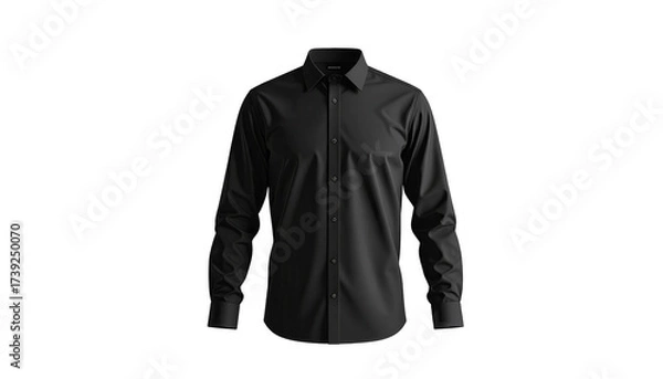 Fototapeta A sleek black dress shirt is presented against a dark background, highlighting its tailored fit and the subtle details of the fabric, with the collar and cuffs visible, emphasizing its formal and...