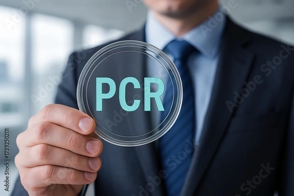 Fototapeta Professional hand displays a luminous Put-Call Ratio (PCR) indicator, offering dynamic market sentiment insights for strategic investment decisions