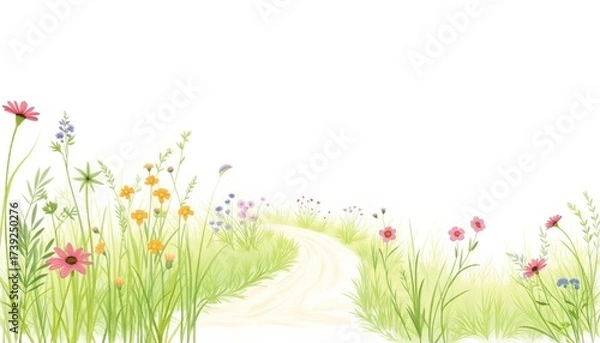 Obraz Flowery pathway winding through colorful grass in a spring landscape  