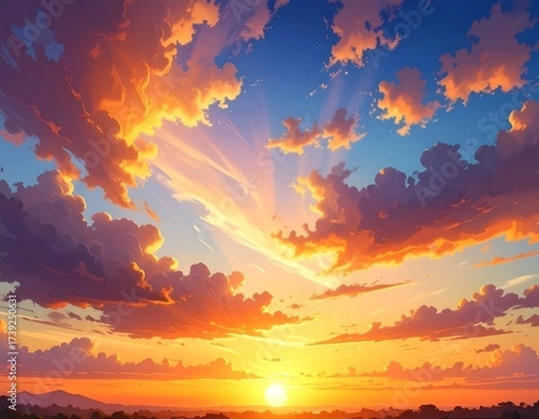 Fototapeta Stunning sunset with vibrant colors and dramatic clouds over a landscape
