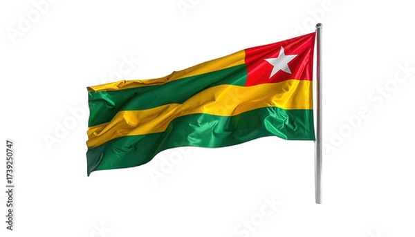 Fototapeta Vividly colored flag featuring horizontal stripes of green and yellow, accompanied by a red canton with a white star, gracefully waving on a white pole against a solid black background, showing...