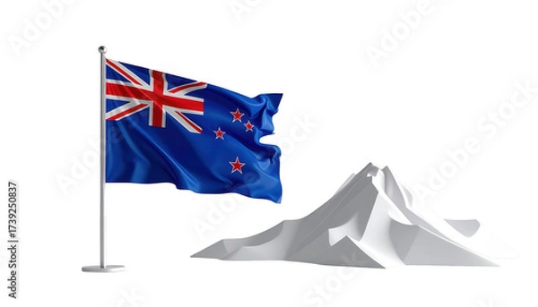 Fototapeta A vibrant blue flag with white and red emblem flutters in the wind beside a stylized, white mountain range, set against a deep black background, creating a dramatic and simple visual composition,...