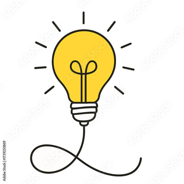 Fototapeta Simple illustration of a glowing yellow light bulb with cord forming a creative loop, symbolizing idea and innovation.