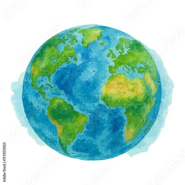 Fototapeta Watercolor illustration of Earth with continents and oceans, symbolizing nature, environment, and global unity.