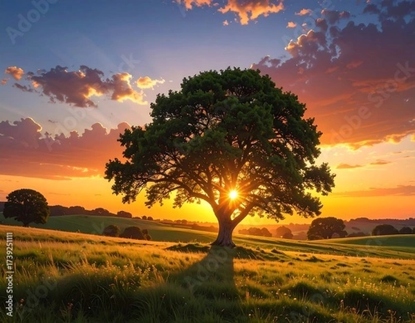 Fototapeta Stunning Sunset View: A Majestic Tree Silhouetted Against a Vibrant Sky