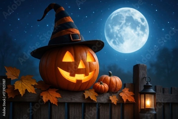 Fototapeta Smiling Jack-o'-lantern wearing a festive witch hat glows brightly on a rustic fence, creating a magical Halloween night under a stunning full moon