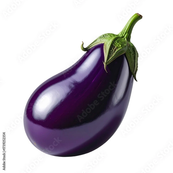 Fototapeta Shiny, deep purple eggplant isolated against a solid black background. The vegetable exhibits a smooth, glossy texture, with its green stem and calyx adding contrast.