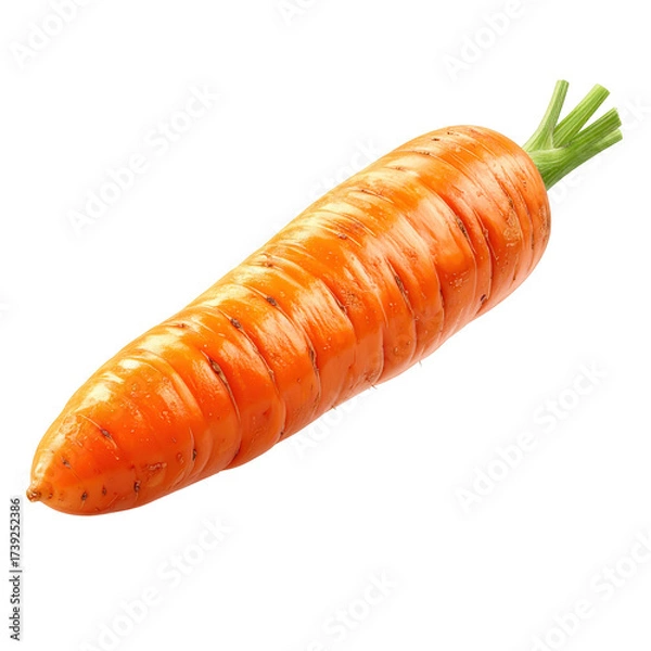 Fototapeta Vividly detailed  shot showcases a vibrant orange carrot, placed diagonally against a stark, black background, accentuating its fresh, natural appearance with a crisp, green stem.