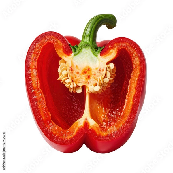 Fototapeta Sliced red bell pepper reveals its internal structure, highlighting the vibrant red flesh, yellow-orange core, and numerous seeds with a contrasting dark background that accentuates the details and...