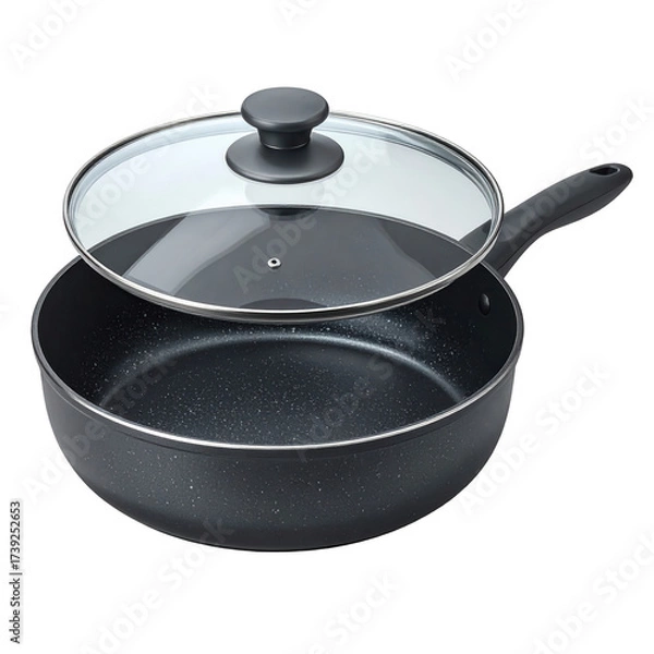 Fototapeta A modern, non-stick frying pan with a glass lid is displayed against a solid black background, offering a contemporary cooking aesthetic.