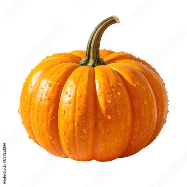 Fototapeta This photograph presents a round, vibrant orange pumpkin against a stark black background, featuring water droplets adorning its surface. The pumpkin's stem curves gracefully, highlighting its form.