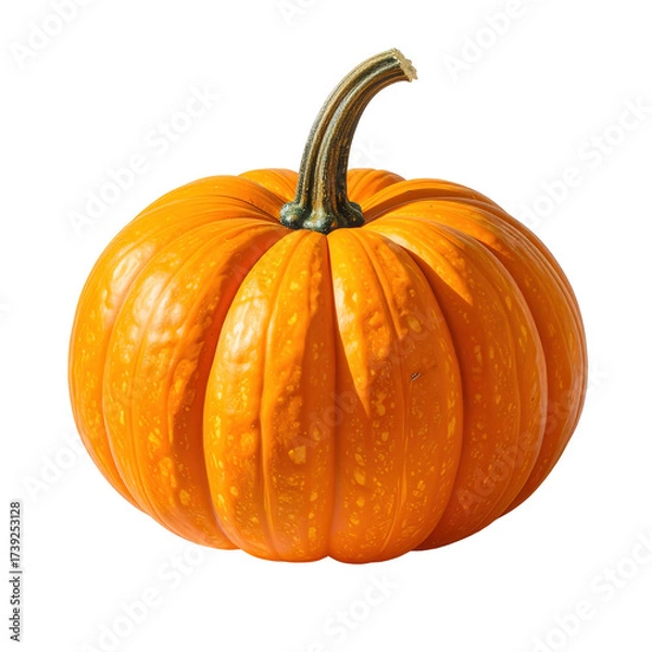 Fototapeta Brightly illuminated, fresh, rounded orange gourd displayed against a solid black backdrop, presenting a detailed view with textured skin and a textured, curved green stem.
