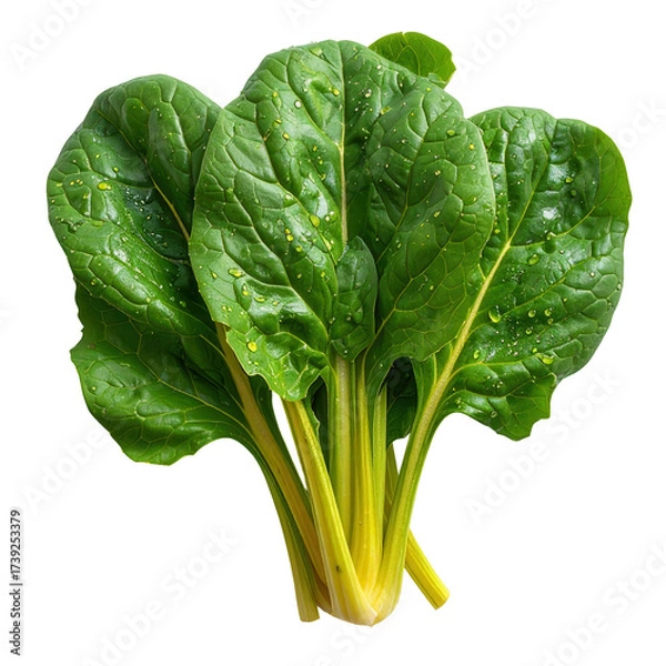 Fototapeta Fresh, vibrant spinach leaves showcase a rich green color with water droplets, presenting a  view against a stark, black background.