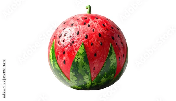 Fototapeta A vibrant, detailed depiction presents a spherical object resembling a watermelon, showcasing red flesh with black seeds and green rind details against a contrasting black background.
