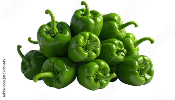 Fototapeta A vibrant pile of fresh green bell peppers is presented against a stark black background, showcasing a collection of ripe, glossy vegetables.