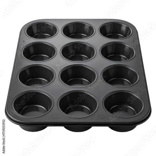 Fototapeta Detailed image shows a new, empty, black muffin tin, perfectly arranged for baking, with clean lines and glossy surfaces, presenting a culinary tool.